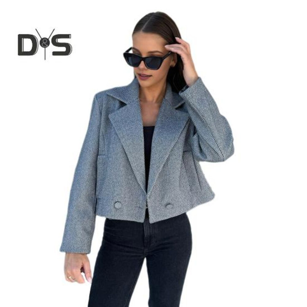 (dark gray, XL) Fall Winter Women Jacket English Style Loose Double Button Clousure Solid Color Thick Long Sleeves Turn-down Collar Commuting Outdoor Coat