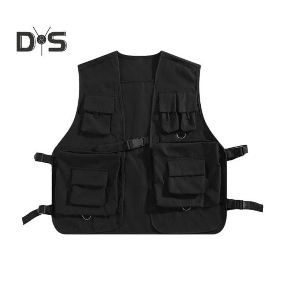 (XL, black) Men Cargo Waistcoat V-neck Sleeveless Multi Pockets Vest Coat Loose Fit Solid Color Casual Style Cargo Vest Outwear