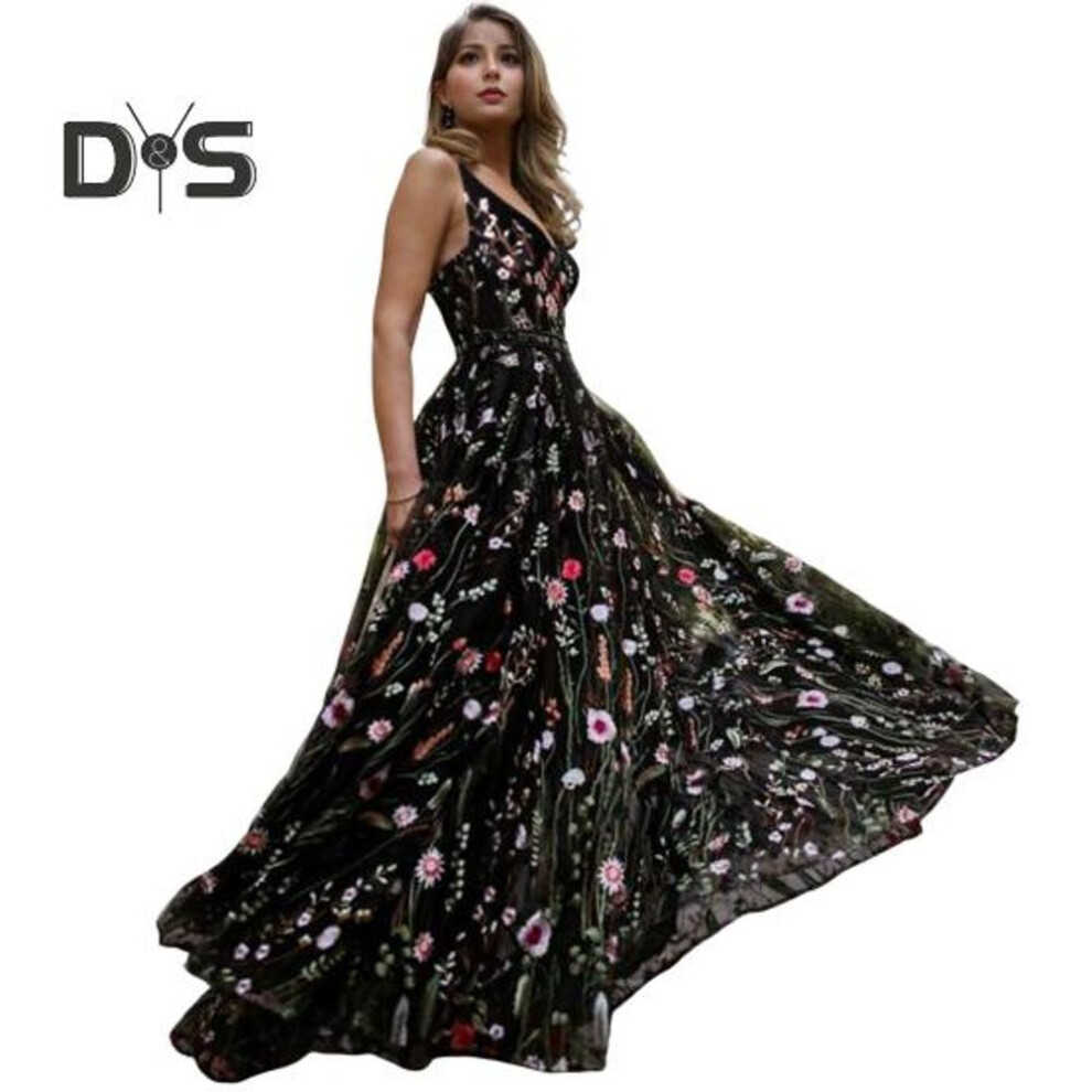 (black, XXL) Women Evening Dress V Neck Sleeveless Floral Embroidery Backless A-line High Waist Double-layer Ball Cocktail Party Banquet Maxi Dress