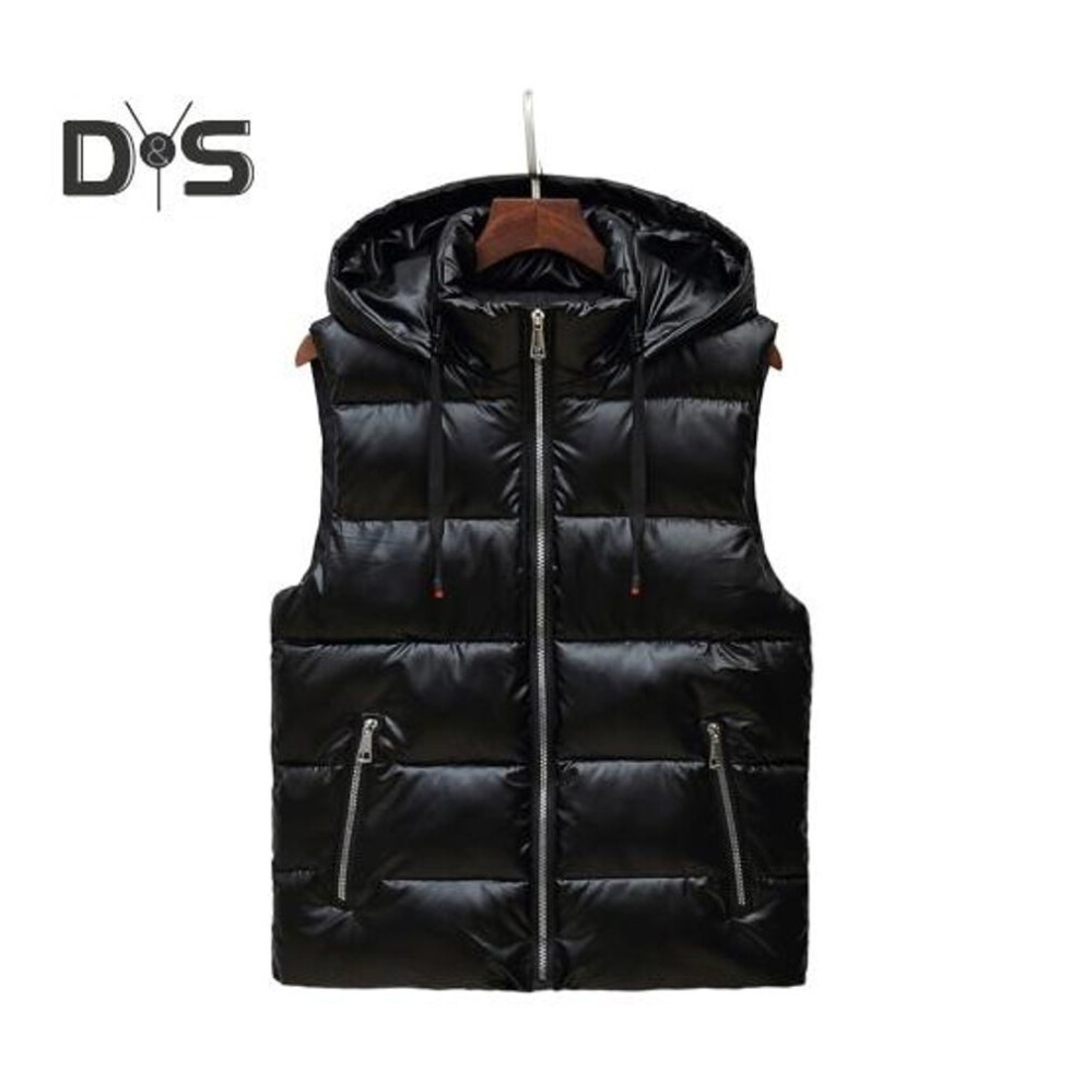(black, XL) Men Vest Coat Stand Collar Hooded Drawstring Sleeveless Quilted Waistcoat Solid Color Zipper Closure Thickened Cotton Vest Outwear