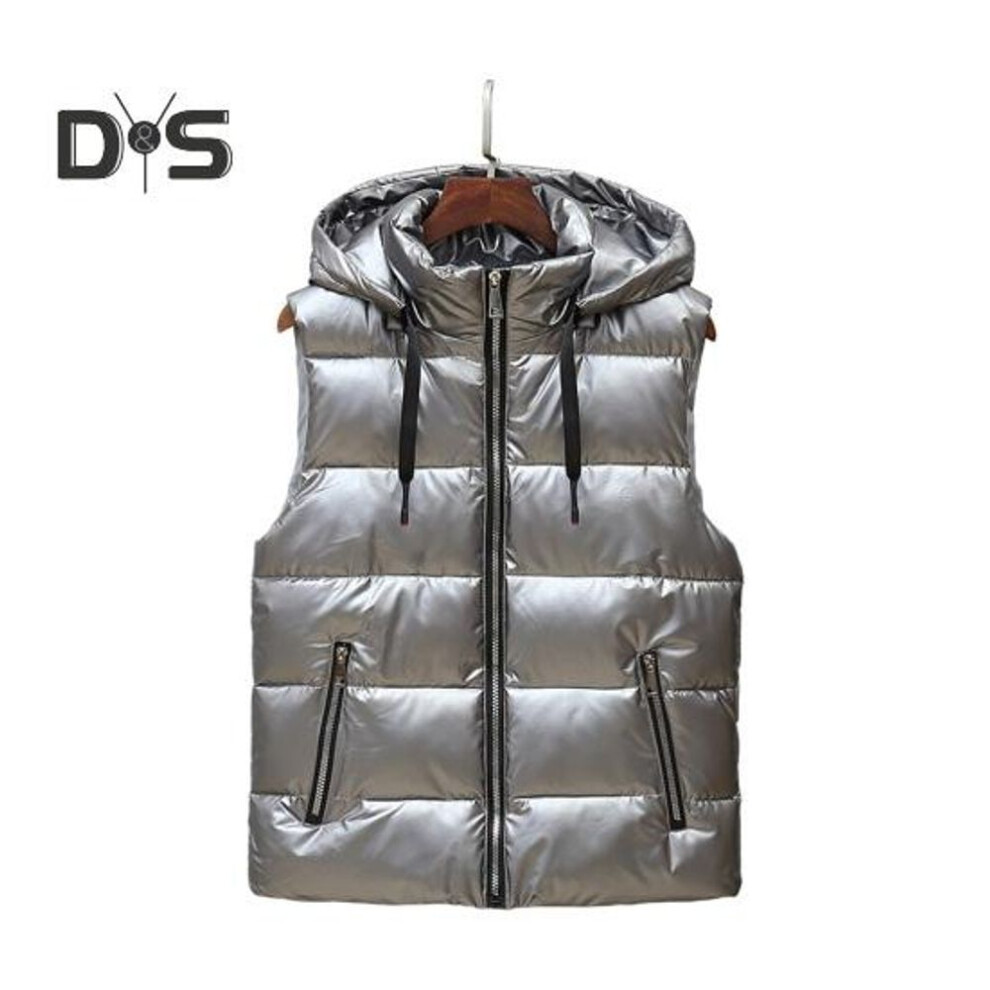(silver gray, M) Men Vest Coat Stand Collar Hooded Drawstring Sleeveless Quilted Waistcoat Solid Color Zipper Closure Thickened Cotton Vest Outwear