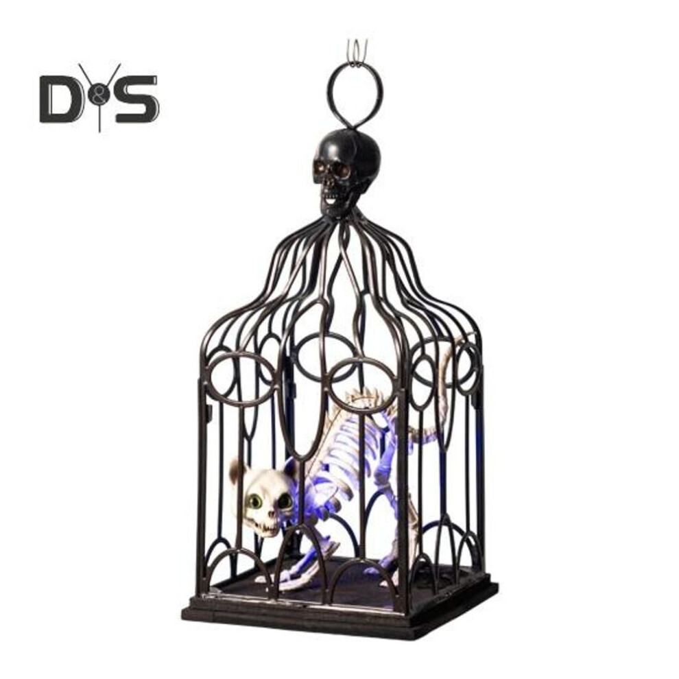 Halloween Hanging Cage Glowing Cat Skeleton In Cage Realistic Spooky Cage Pendant With Led Light Hanging Decor For Haunted House Halloween Decorations