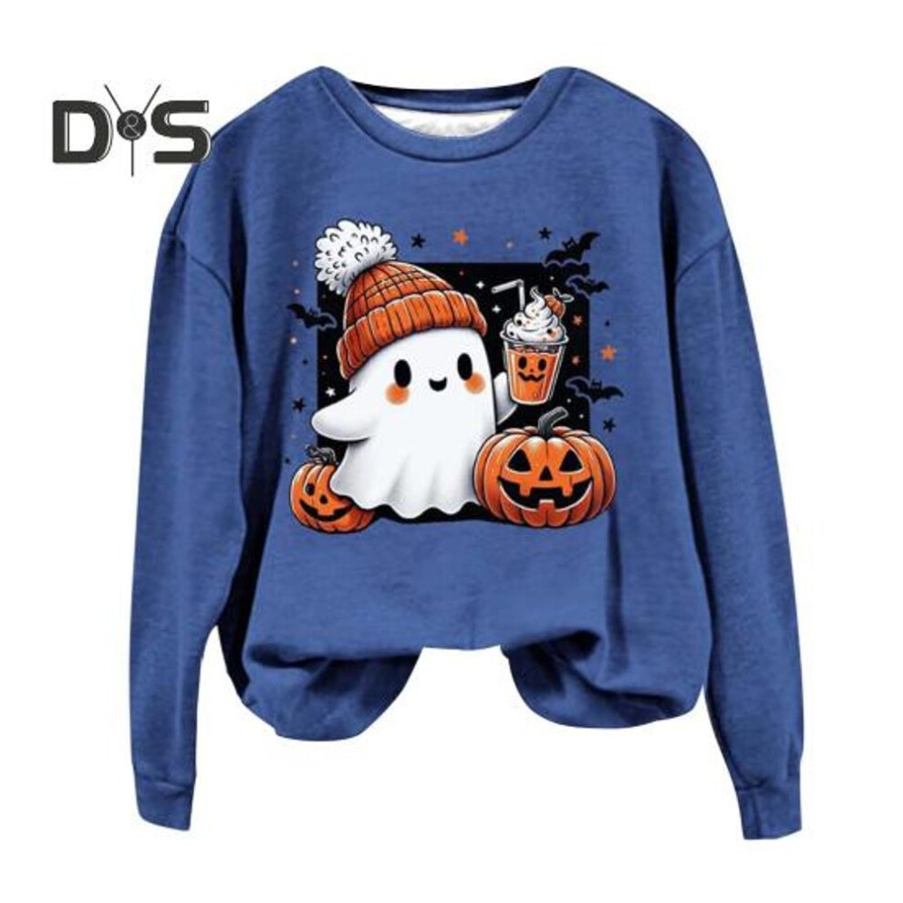 (S, blue) Women Halloween Sweatshirt Cartoon Pumpkin Bat Ghost Print Crew Neck Long Sleeves Pullover Top Daily Wear Commuting Sport Sweatshirt