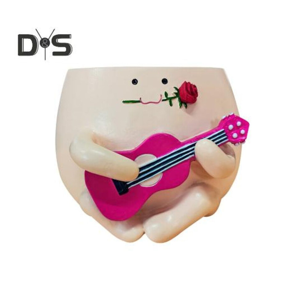 (pink) Guitar Smiling Face Planter Pot Resin Ukulele Head Flowerpot Indoor Outdoor Cactus Succulent Plants Container Home Balcony Garden Decoration