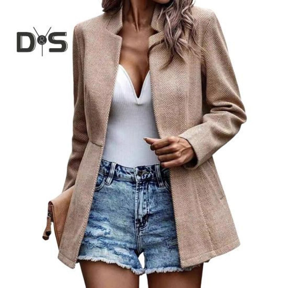 (khaki, S) Women Suit Coat Notch Collar Long Sleeve Solid Color Casual Loose Fit Suit Jacket with Pockets Open Front Business Formal Outwear