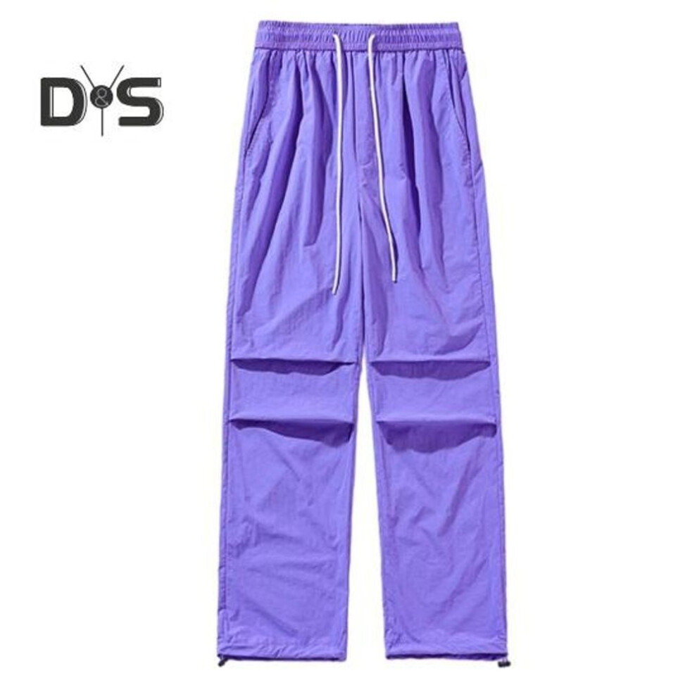 (purple, 2XL) Men Candy Color Long Pants Quick Drying Elastic Waist Drawstring Wide Leg Trousers Pockets Pleated Oversized Casual Pants