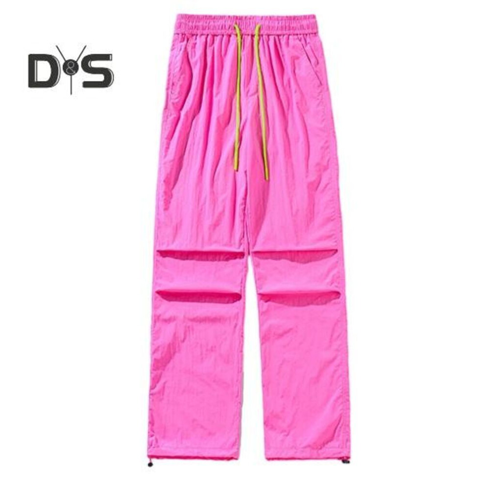 (pink, XL) Men Candy Color Long Pants Quick Drying Elastic Waist Drawstring Wide Leg Trousers Pockets Pleated Oversized Casual Pants