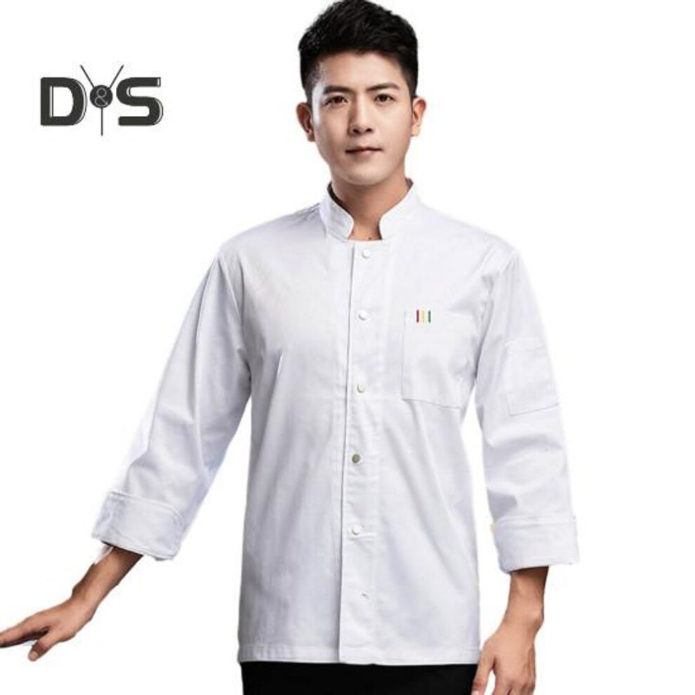 (white, XL) Autumn Long Sleeve Chef Uniform Stand Collar Patch Pocket Single Breasted Unisex Kitchen French Western Bakery Work Clothes
