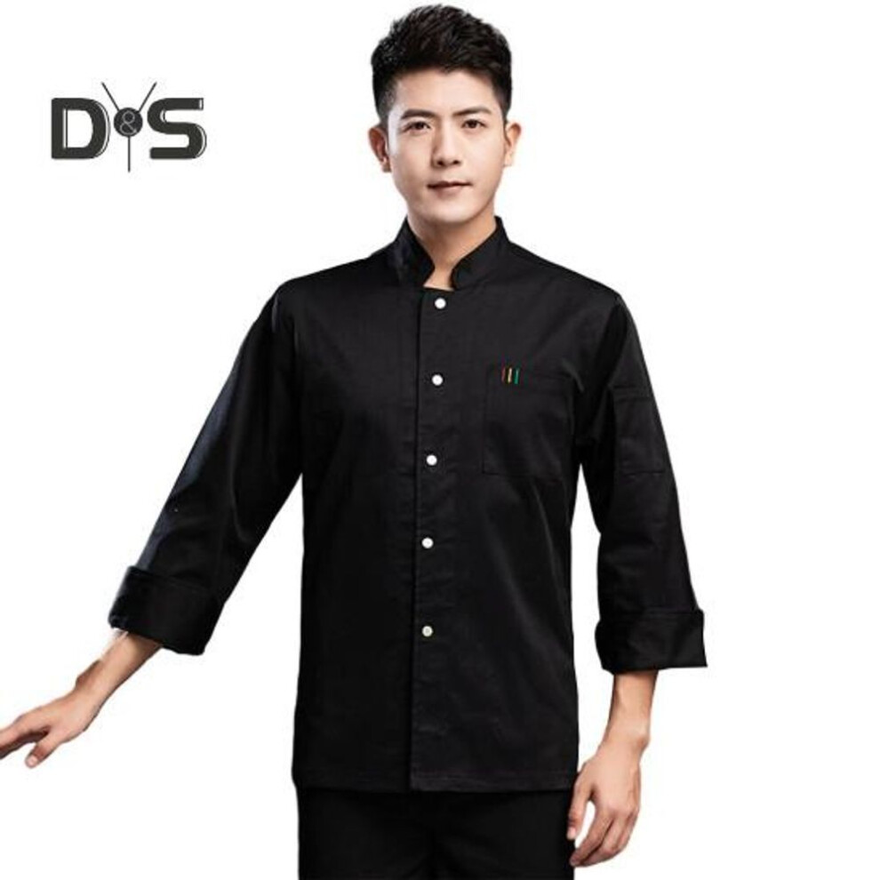 (black, 4XL) Autumn Long Sleeve Chef Uniform Stand Collar Patch Pocket Single Breasted Unisex Kitchen French Western Bakery Work Clothes