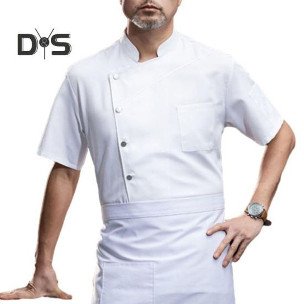 (white, 4XL) Chef Uniform Stand Collar Single Breasted Patch Pocket Short Sleeve Wear Resistant Breathable Cook Bakery Diner Restaurant Kicthen Work Clothes