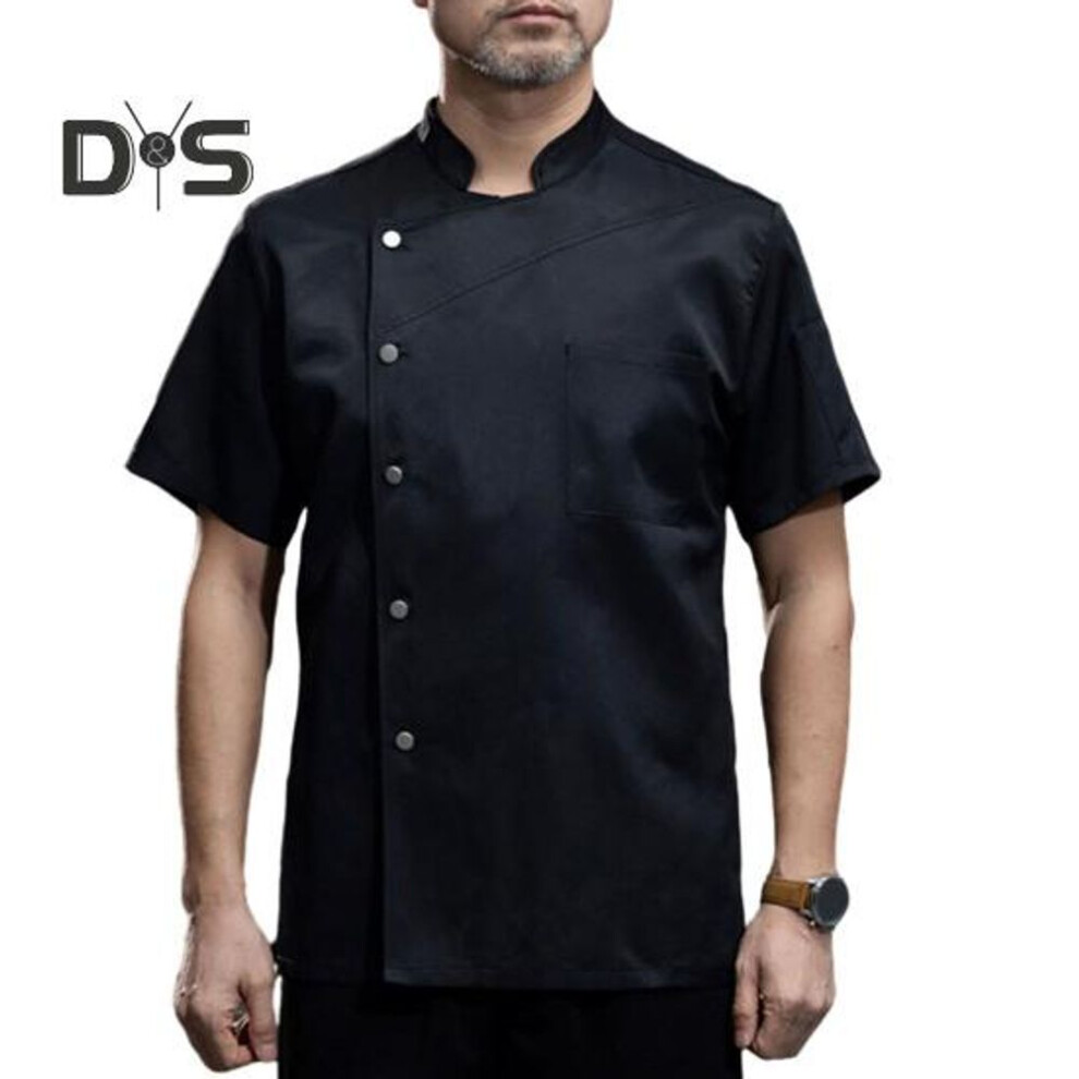 (black, 4XL) Chef Uniform Stand Collar Single Breasted Patch Pocket Short Sleeve Wear Resistant Breathable Cook Bakery Diner Restaurant Kicthen Work Clothes