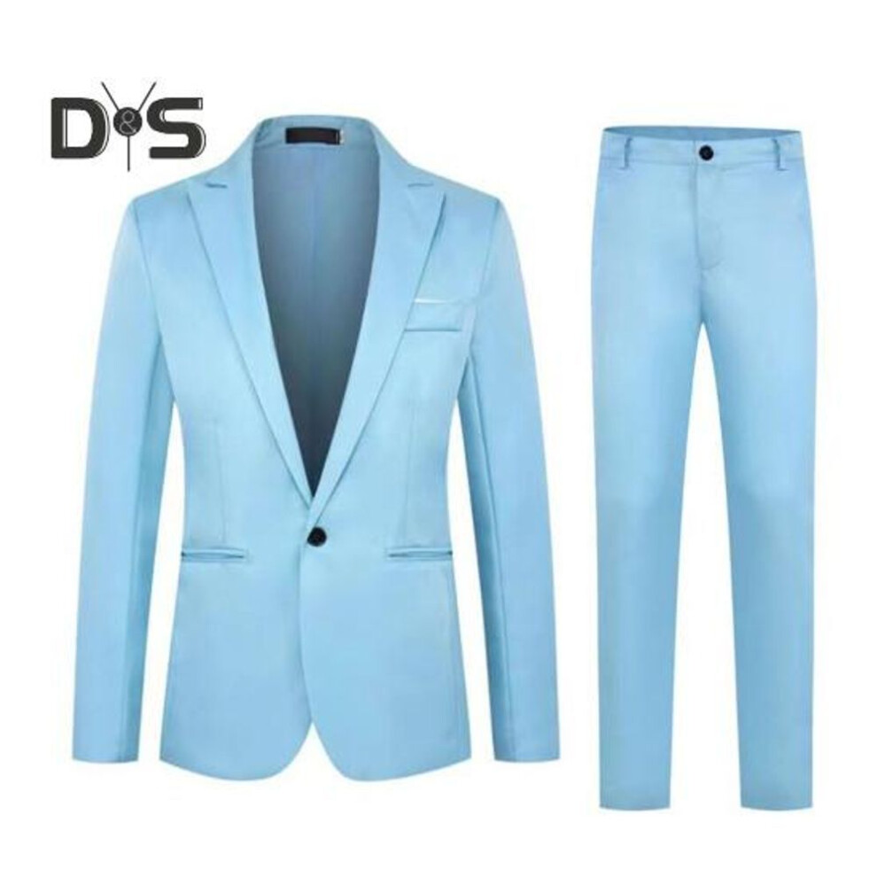(3XL, sky blue) 2pcs/set Men Spring Autumn Solid Color Business Suit Lapel Long Sleeve Pockets Single Button Blazer Mid Rise Slim Fit Long Pants Set