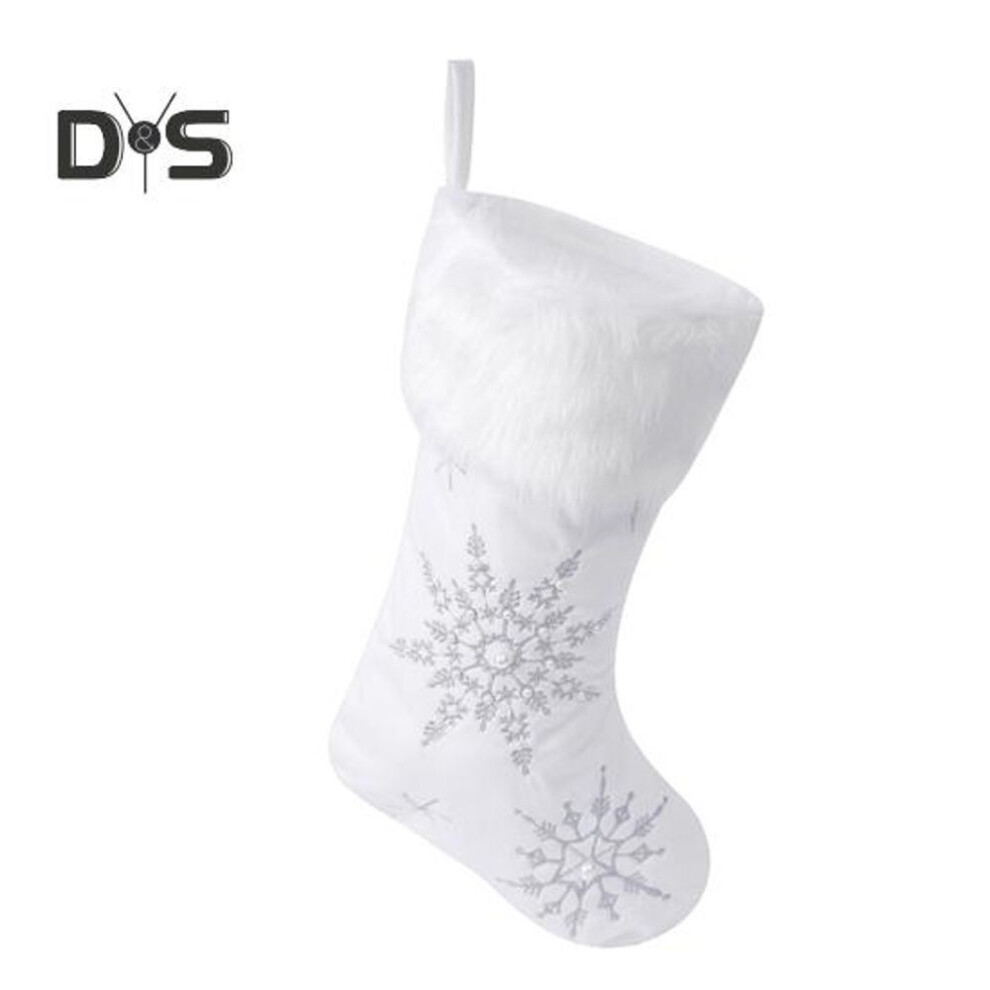 (silver) Christmas Stockings Snowflake Embroidered Hanging Socks with Plush Edge Festival Home Decor Gift Stockings for Xmas Party