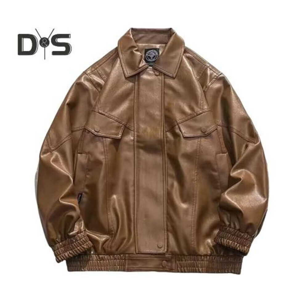 (brown, 2XL) Men Faux Leather Jacket Lapel Long Sleeve Flap Pockets Coat Solid Color Buttons Placket Loose Fit Outwear Daily Wear