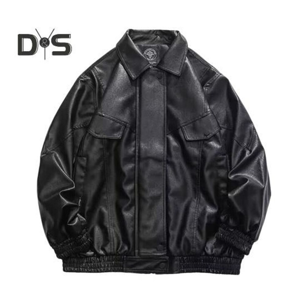 (black, 2XL) Men Faux Leather Jacket Lapel Long Sleeve Flap Pockets Coat Solid Color Buttons Placket Loose Fit Outwear Daily Wear