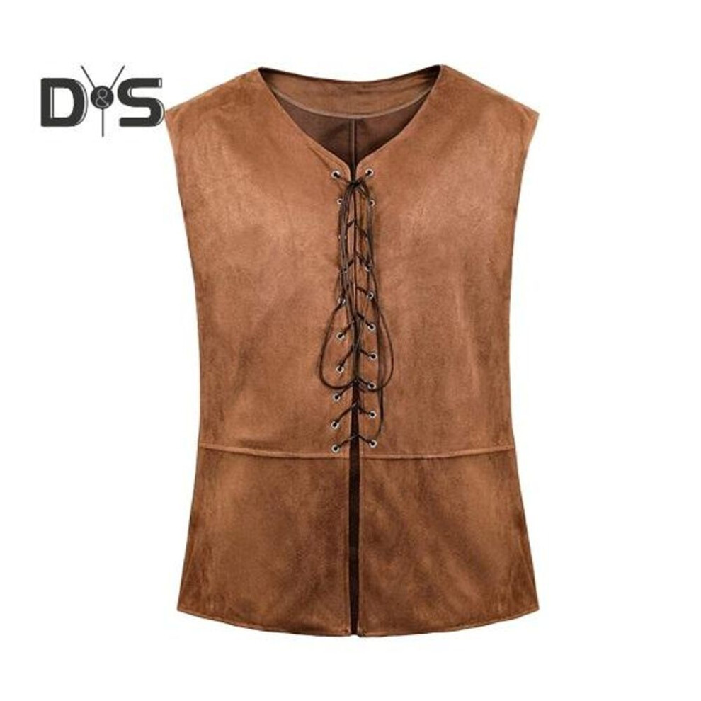 (S, light brown) Punk Vest Gothic Renaissance Style Lace-up Retro Waistcoat V-neck Sleeveless Solid Color Halloween Role Play Vest