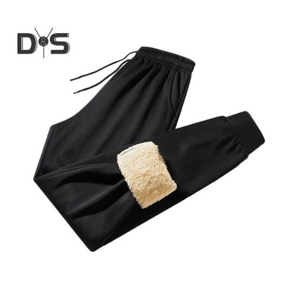 (black, XL) Winter Men Pants Thick Fleece Drawstring Elastic Waist Heat Retention Pockets Solid Color Warm Sport Travel Work Trousers