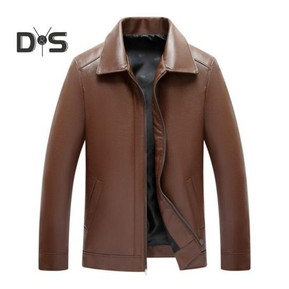 (brown, L) Men Slim Fit Jacket Faux Leather Lapel Bomber Jacket Vintage Zipper Coat Windproof Biker Motorcycle Jacket with Pockets for Spring Autumn