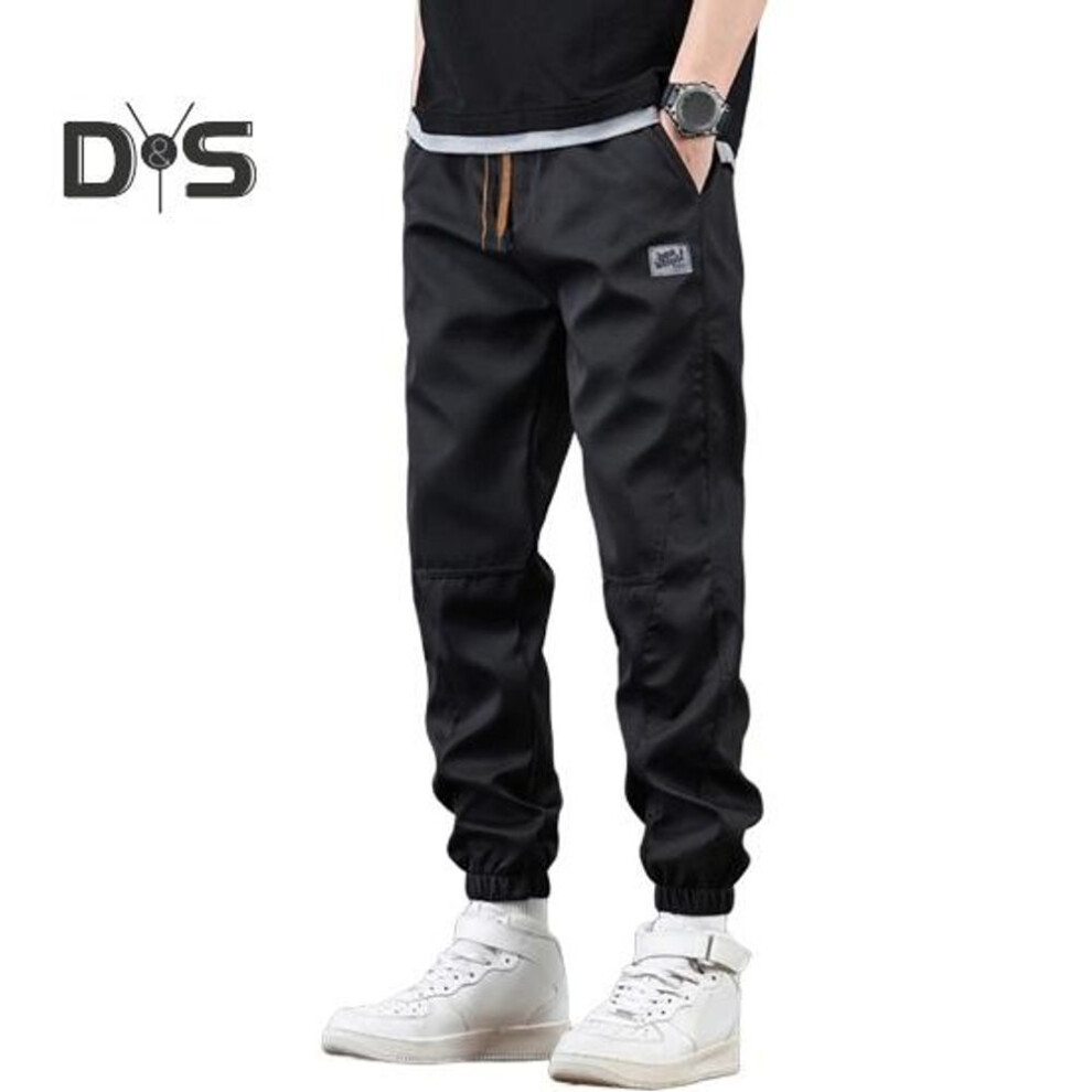 (black, L) Spring Fall Men Cargo Pants Loose Drawstring Elastic Waist Multi Pockets Ankle-banded Solid Color Plus Size Sport Trousers Daily Wear Ninth Pants