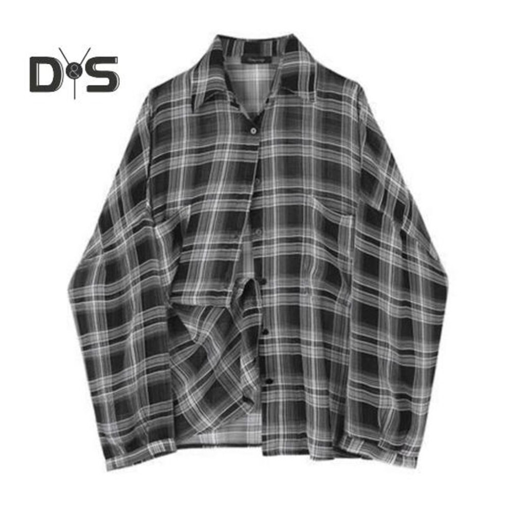 (S, black) Women Summer Shirt Lapel Long Sleeve Plaid Print Shirt Tops Loose Fit Single-Breasted Thin Cardigan Shirt