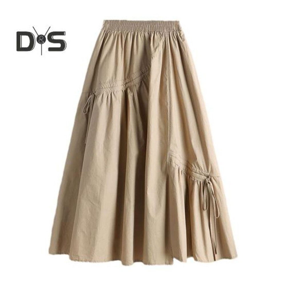 (XL, khaki) Women Summer Skirt Elastic High Waist Pleated Skirt Solid Color Irregular Drawstring Large Hem A-line Skirt