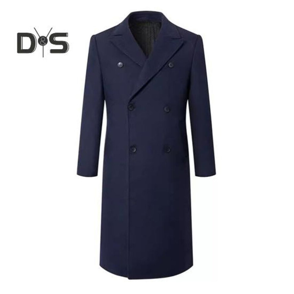 (navy blue, XXL) Men Windbreaker Suit Collar Long Sleeve Double-breasted Thickened Woolen Coat Solid Color Pockets Design Mid-length Outwear
