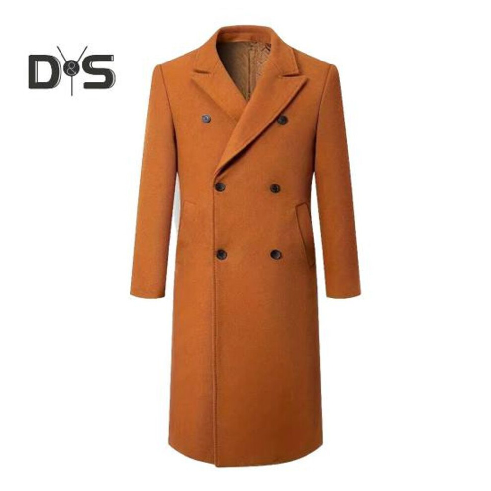 (camel, XXL) Men Windbreaker Suit Collar Long Sleeve Double-Breasted Thickened Woolen Coat Solid Color Pockets Design Mid-length Outwear