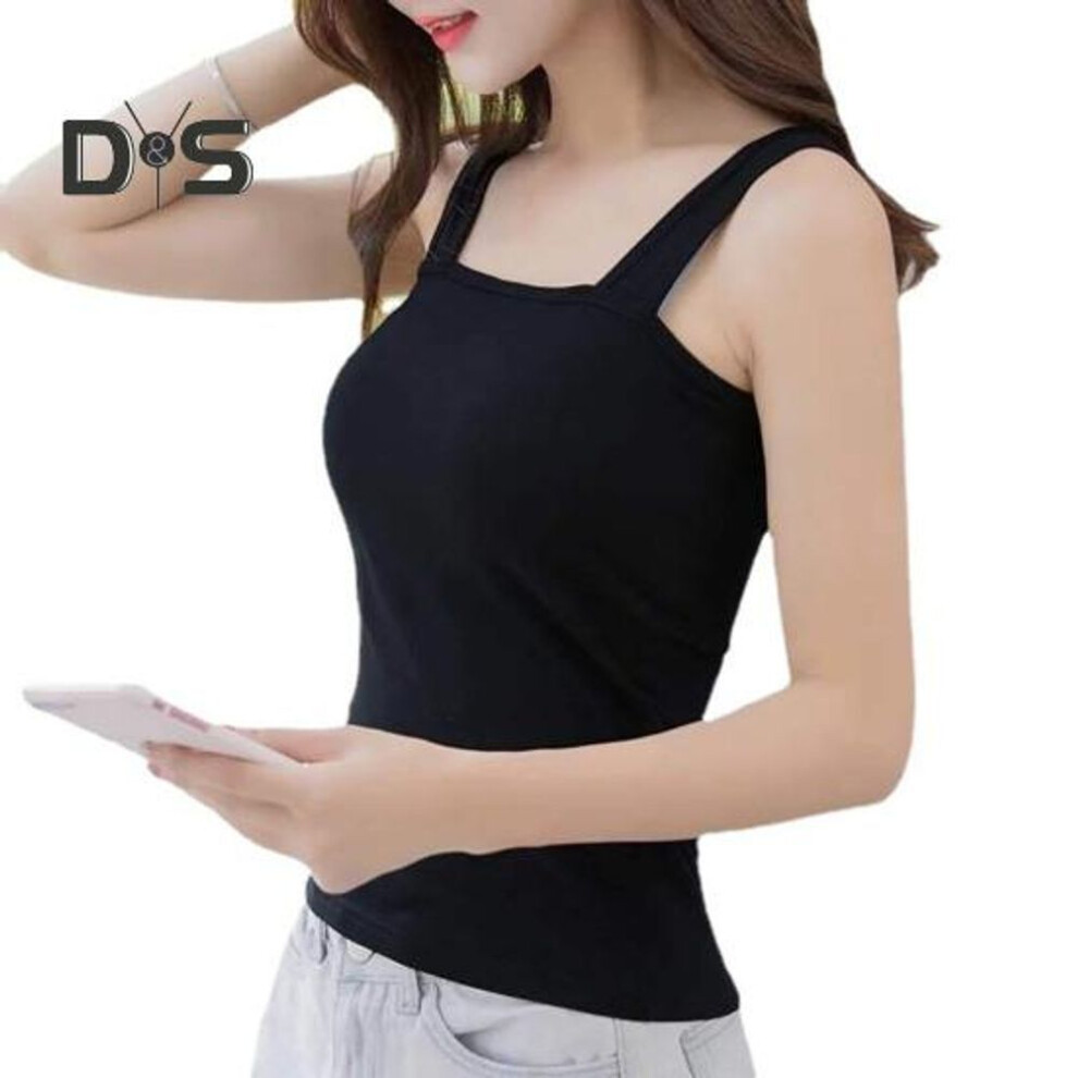 (2XL, black) Women Tank Tops Suspender Style Square Collar Sleeveless Vest Solid Color Slim Fit Camisole Summer Bottoming Tops