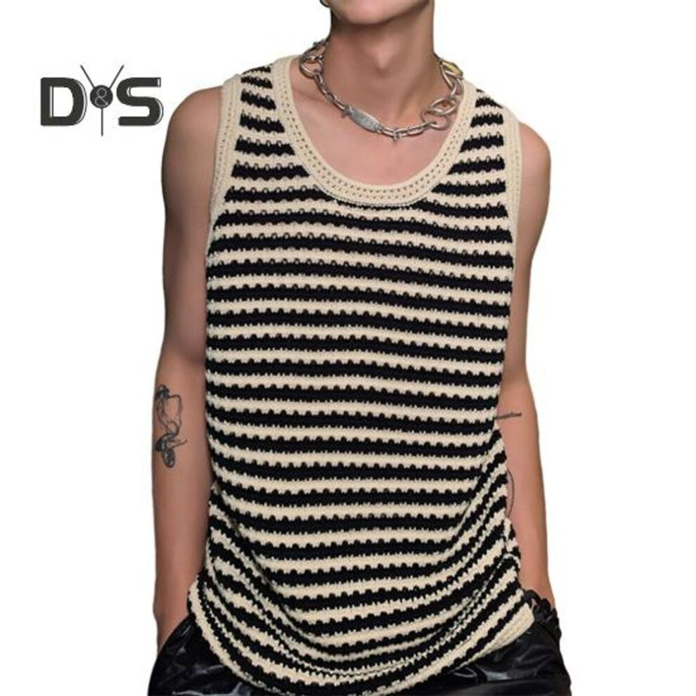 (apricot, 2XL) Men Summer Vest Contrast Color Striped Print Knitted Round Neck Sleeveless Loose Pullover Casual Breathable Sports Streetwear Tank Top