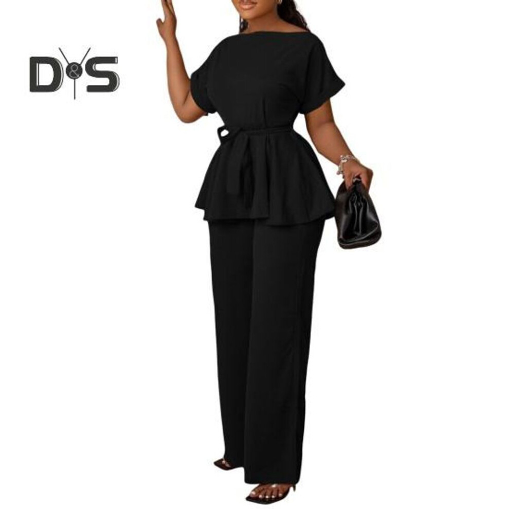 (black, XL) 2 Pcs/set Women Top Pants Set Lace-up Strap Slim Waist Round Neck Short Sleeves Blouse High Waist Wide Leg Ol Commute Business Style Outfit