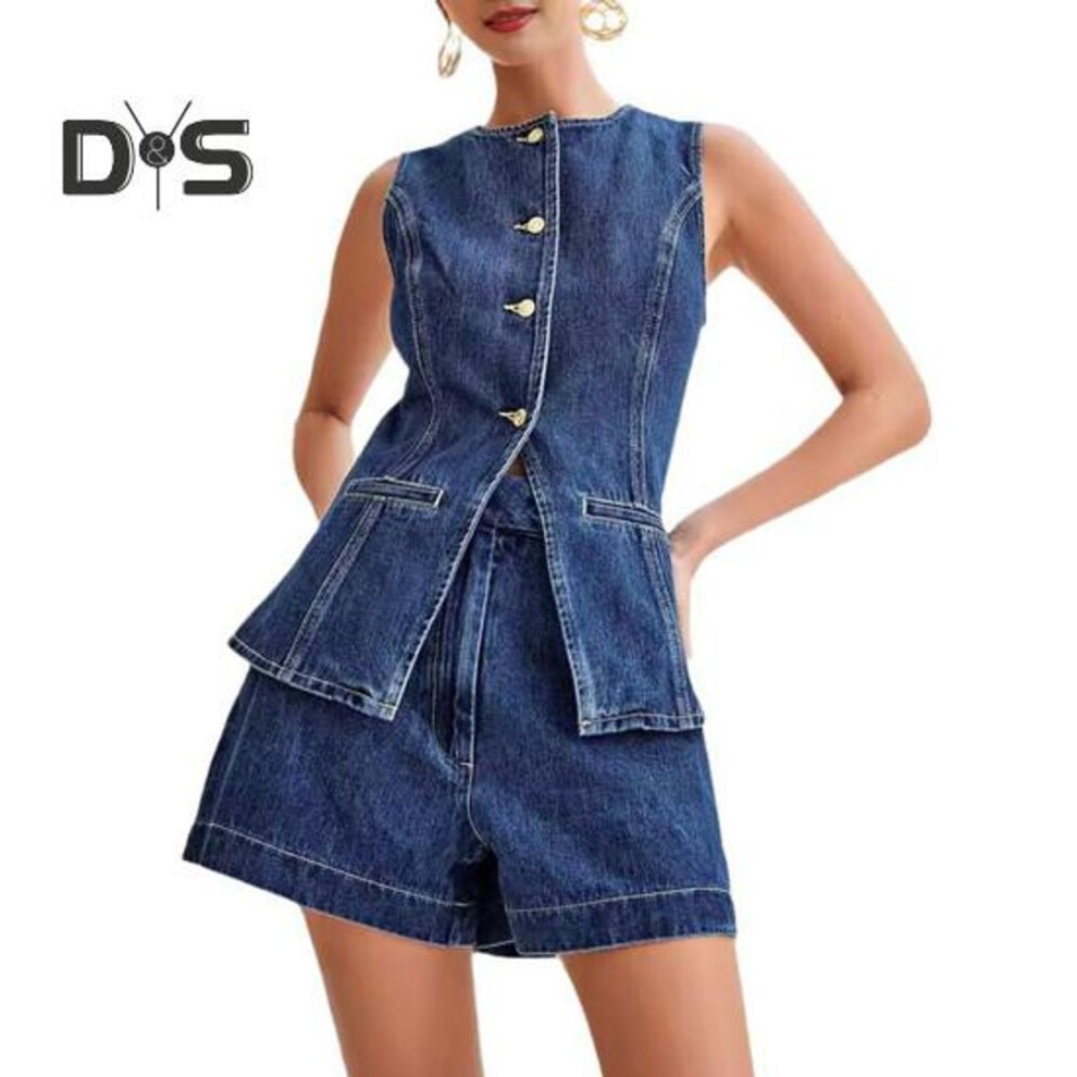 (XL Jacket, as the picture) Women Vest Shorts Sleeveless Single-breasted Split Hem Round Neck Buttons Slim Fit High Waist Solid Color Short Pants