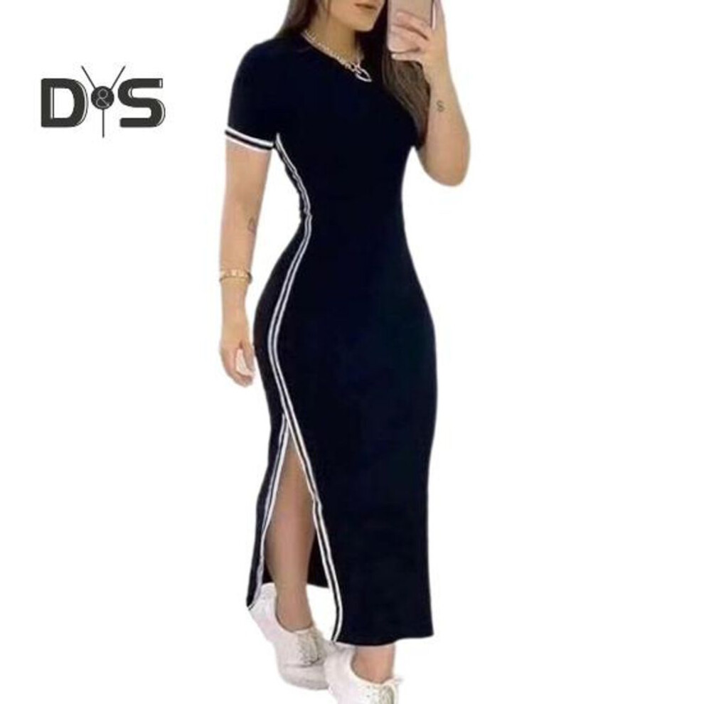 (black, L) Summer Women Dress O Neck Side Slit Slim Fit Solid Color Short Sleeves Striped Skinny Anle Length Casual Commute Maxi Dress