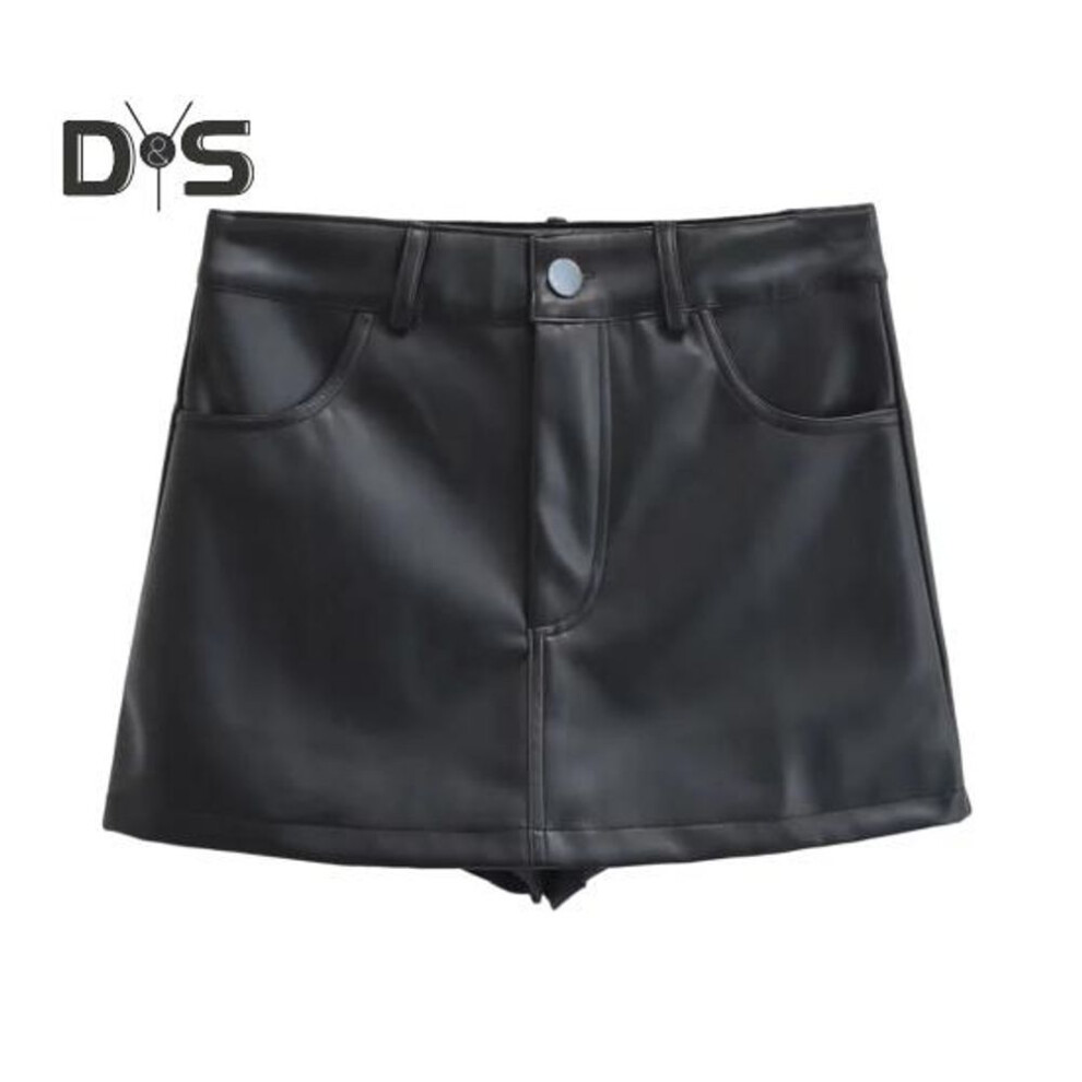 (L, black) Women Mini Skirt High Waist Button Zipper Fly Solid Color Skirt Faux Leather Hip Wrapped Short Skirt With Pockets