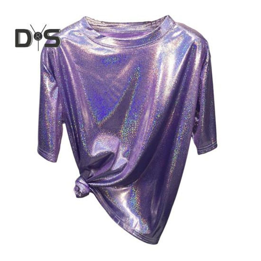 (purple) Women Performance T-shirt Round Neck Short Sleeve Loose Fit Glittery Reflective Tee Shirt Party Dance Pullover Tops
