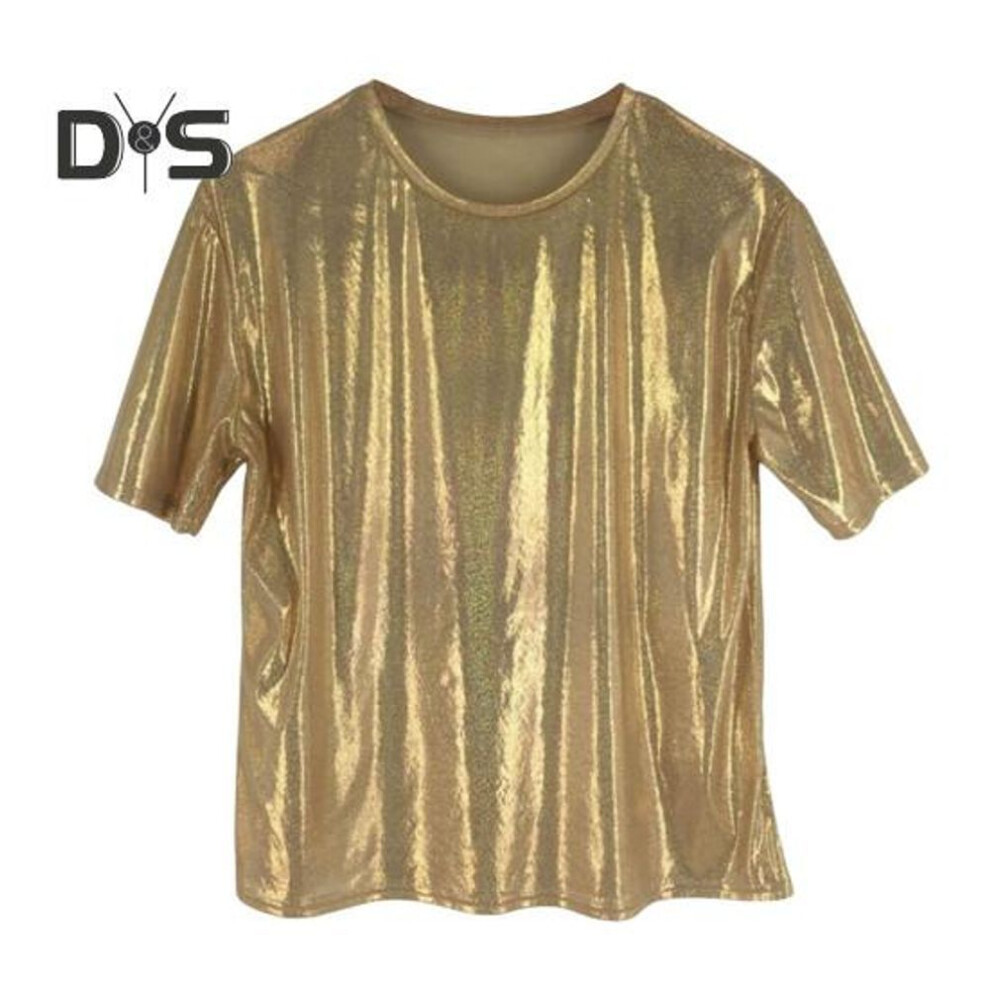 (golden) Women Performance T-shirt Round Neck Short Sleeve Loose Fit Glittery Reflective Tee Shirt Party Dance Pullover Tops