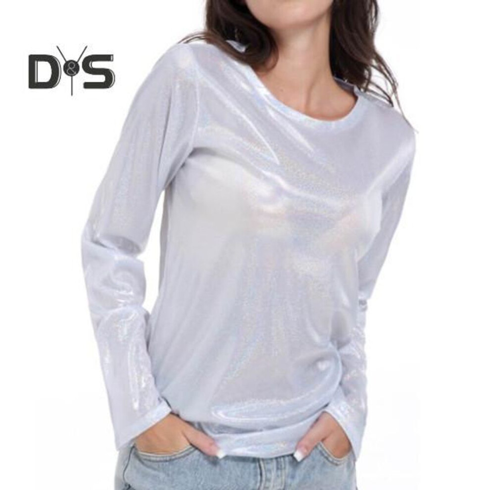 (S, white) Women Loose Fit T-shirt Round Neck Long Sleeve Sparkling Reflective T-shirt Sequin Embellished Pullover Tops