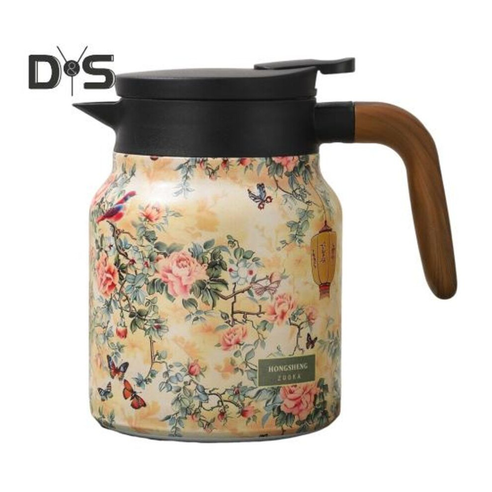 (as the picture, B) Vintage Floral Insulated Teapot 1000ml Mini Hot Coffee Pot Office Tea Flask Built-In Infuser Water Tea Pot Beverage Pitcher Thermal Coffee Carafe