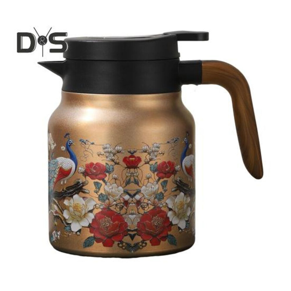 (as the picture, A) Vintage Floral Insulated Teapot 1000ml Mini Hot Coffee Pot Office Tea Flask Built-in Infuser Water Tea Pot Beverage Pitcher Thermal Coffee Carafe
