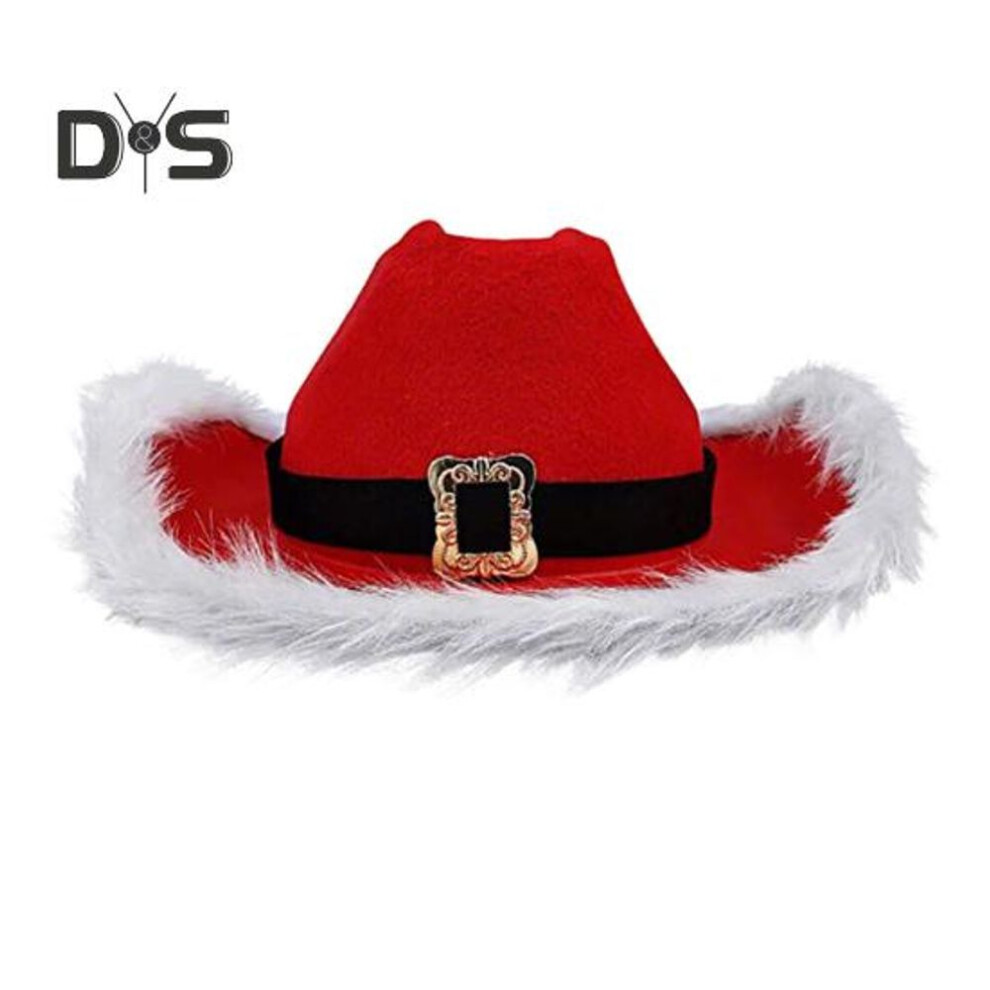 Christmas Party Red Cowboy Hat With White Fluff Edge Western Carnival Santa Claus Hat For Men And Women