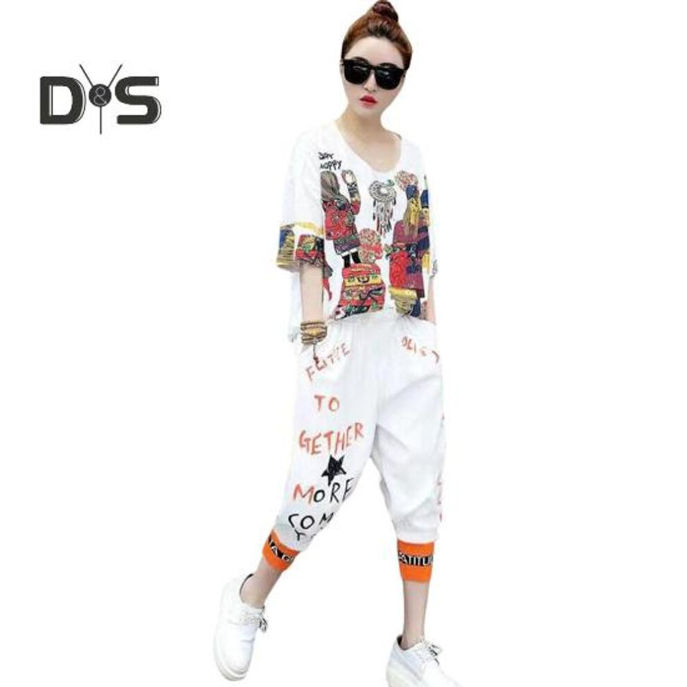 (white, 2XL) 2 Pcs/set Women T-shirt Trousers Set Hip Hop Style Print V Neck Half Sleeve Top Ankle-banded Cropped Pants Streetwear Clothes Travel Daily Outfit