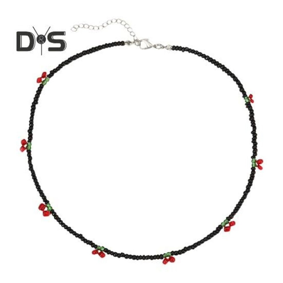 (black) Women Choker Necklace Bohemia Style Cherry Decor Small Beads Short Necklace Bright Color Adjustable Length Necklace