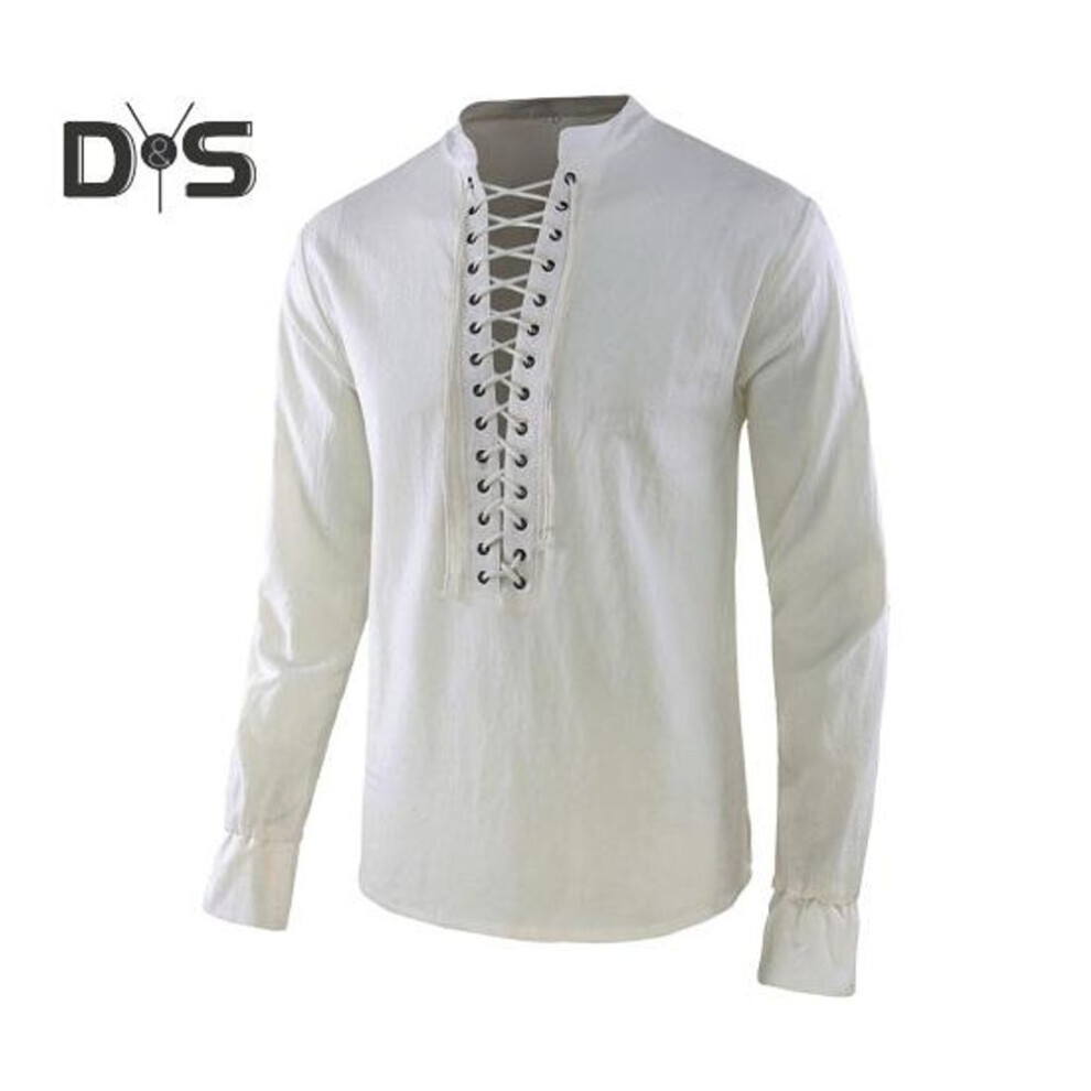 (XL, white) Spring Autumn Men Shirt Lace-up Stand Collar Long Sleeves Solid Color Loose Retro Medieval Mid Length Casual Cosplay Performance Top
