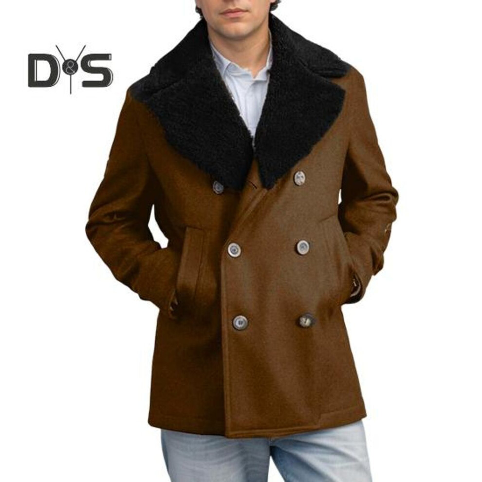 (tan, XL) Men Woolen Coat Lapel Long Sleeve Double-breasted Jacket Coat With Plush Edges Solid Color Pockets Winter Overcoat