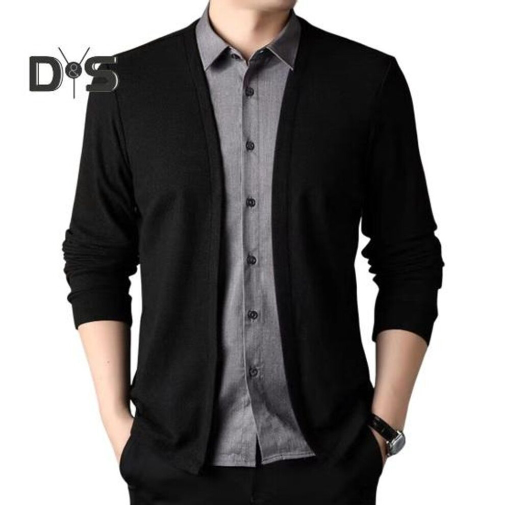 (black, L) Men Spring Fall Top Fake Two-piece Shirt And Cardigan Patchwork Knitted Sweater Turn-down Collar Formal Business Style Office Coat