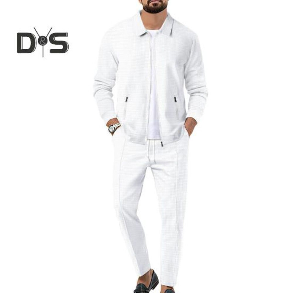 (white, XL) 2Pcs/Set Men Autumn Suit Lapel Long Sleeve Zipper Placket Cardigan Elastic Drawstring Waist Long Pants Set Waffle Texture Casual Outfit