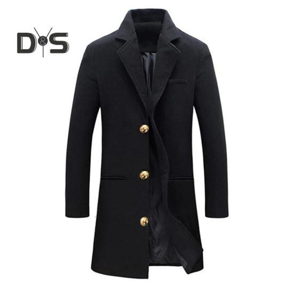 (black, M) Men Woolen Coat Lapel Long Sleeve Single Breasted Jacket Coat with Pockets Solid Color Mid-length Outerwear