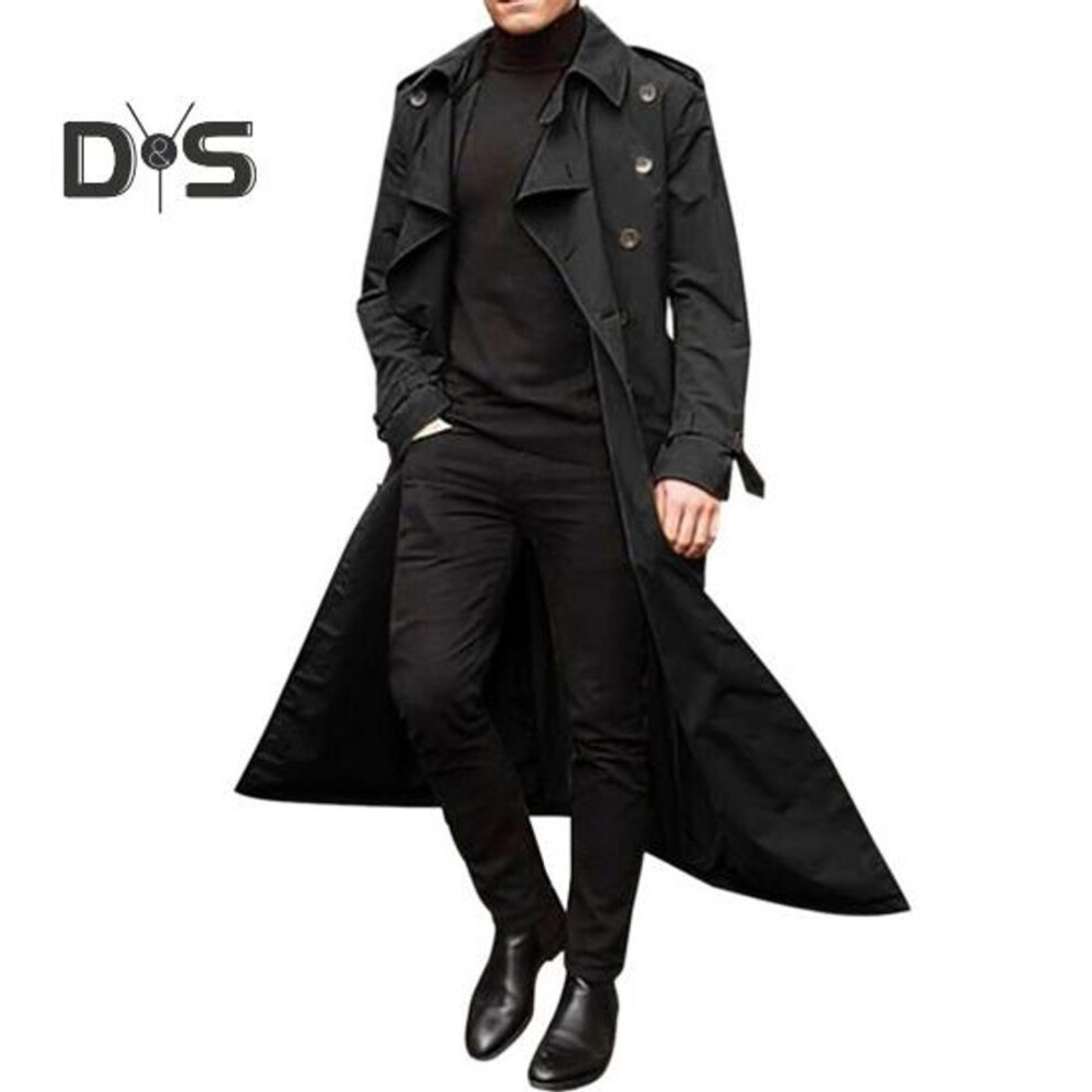 (black, M) Men Trench Coat Lapel Long Sleeve Solid Color Windbreaker Double Breasted Long Style Outdoor Business Outwear
