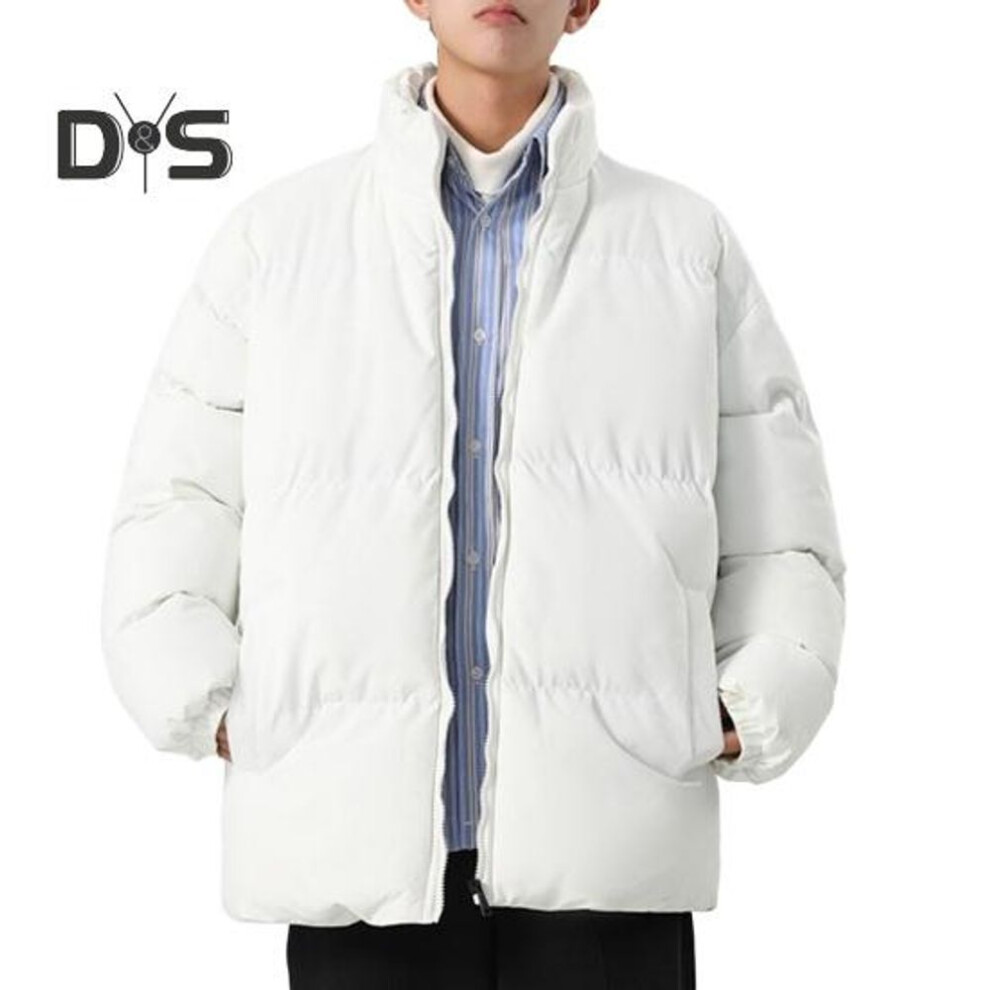 (white, M) Men Cotton Jacket Stand Collar Long Sleeve Zipper Placket Thickened Down Coat with Pockets Solid Color Quilted Outwear