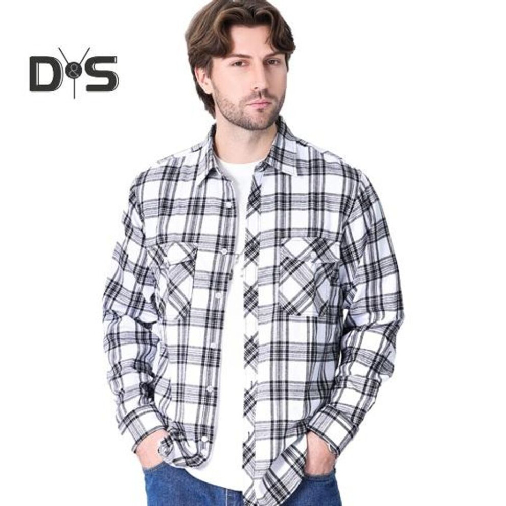 (M, white) Men's Shirt Long Sleeve Plaid Lapel Top Loose Fit Casual Flannel Coat for Spring Autumn Office Party Vacation Home Date