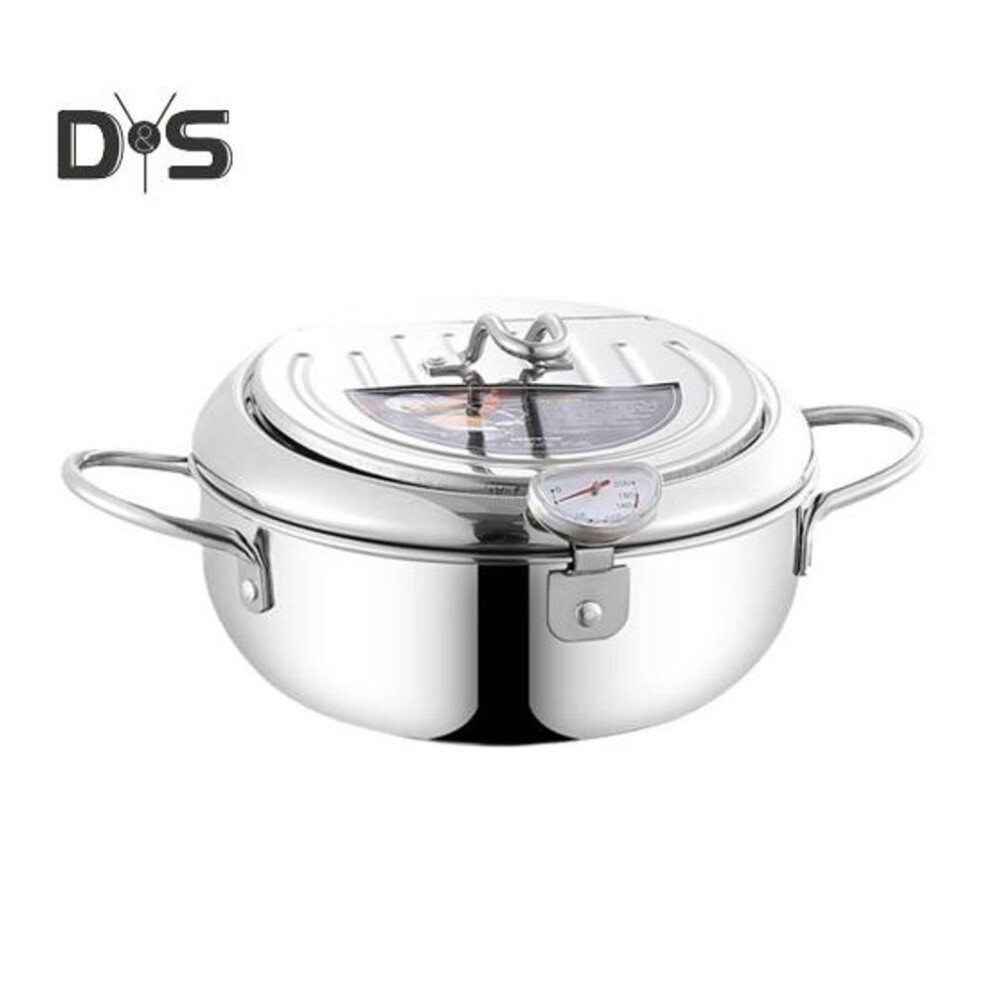 (as the picture, 24cm) Stainless Steel Deep Fryer With Thermometer Oil Drainer Rack Japanese Tempura Frying Pan For Kitchen Chips Chicken
